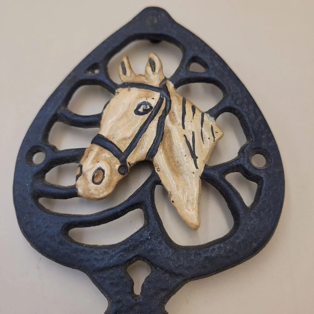Vintage Cast Iron Horse Head Trivet Black Cream Farmhouse Equestrian Decor 7x4